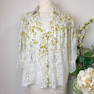 Anthropologie Victorian Lace Floral Cotton Blouse Cream Yellow Roses Romantic Bo